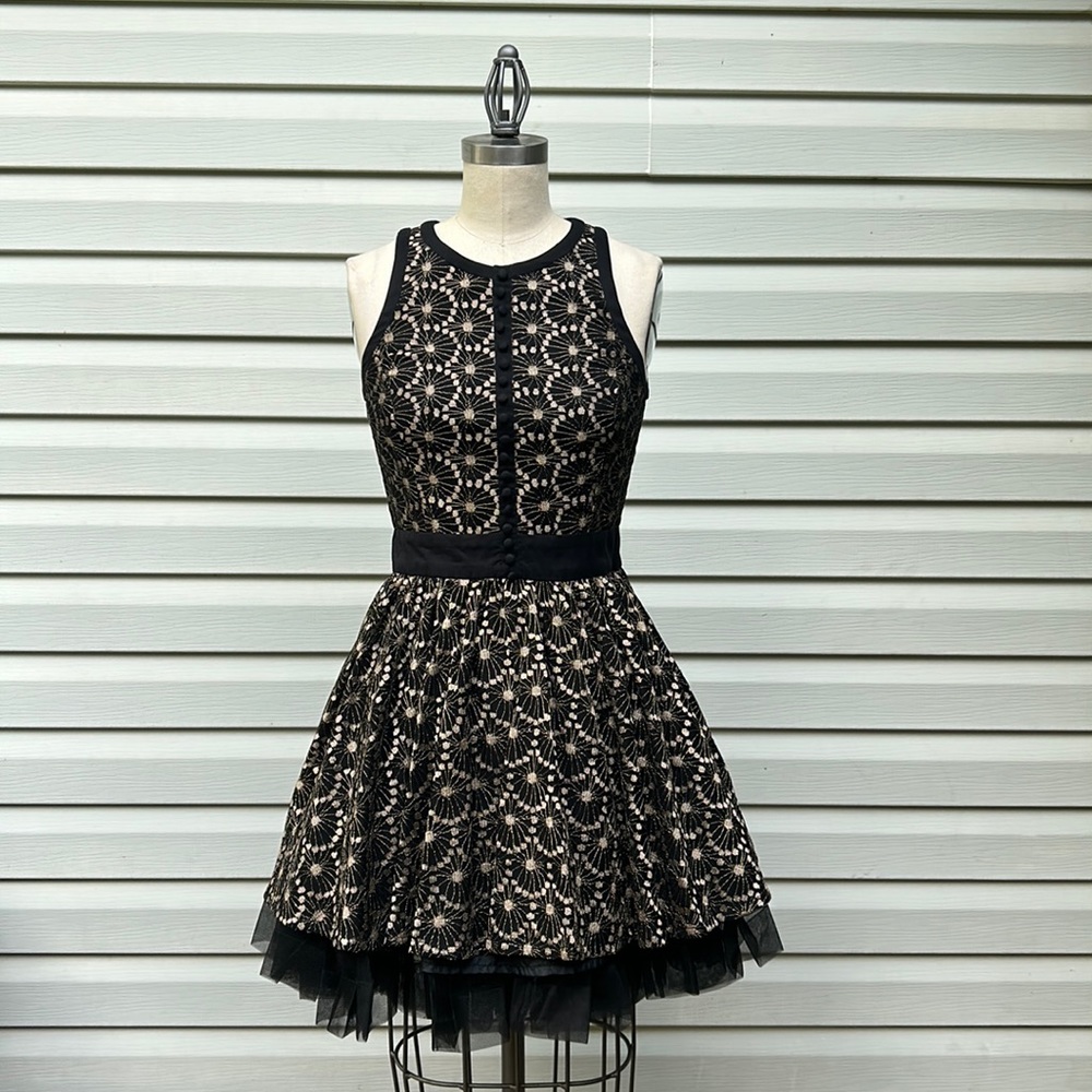 French Connection Black and Cream Lace Mini Dress